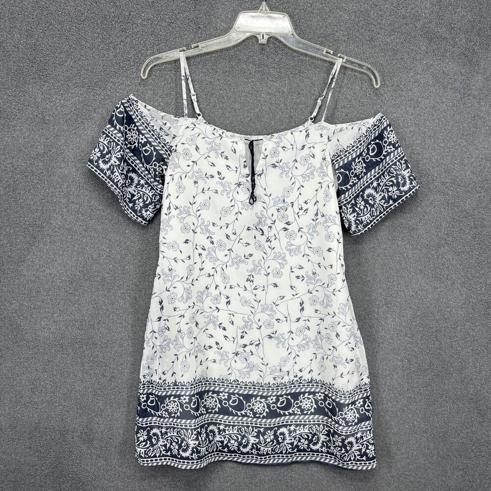 Women Casual Y2K Mini Dress Small Navy White Floral Cold Shoulder Short pockets‎